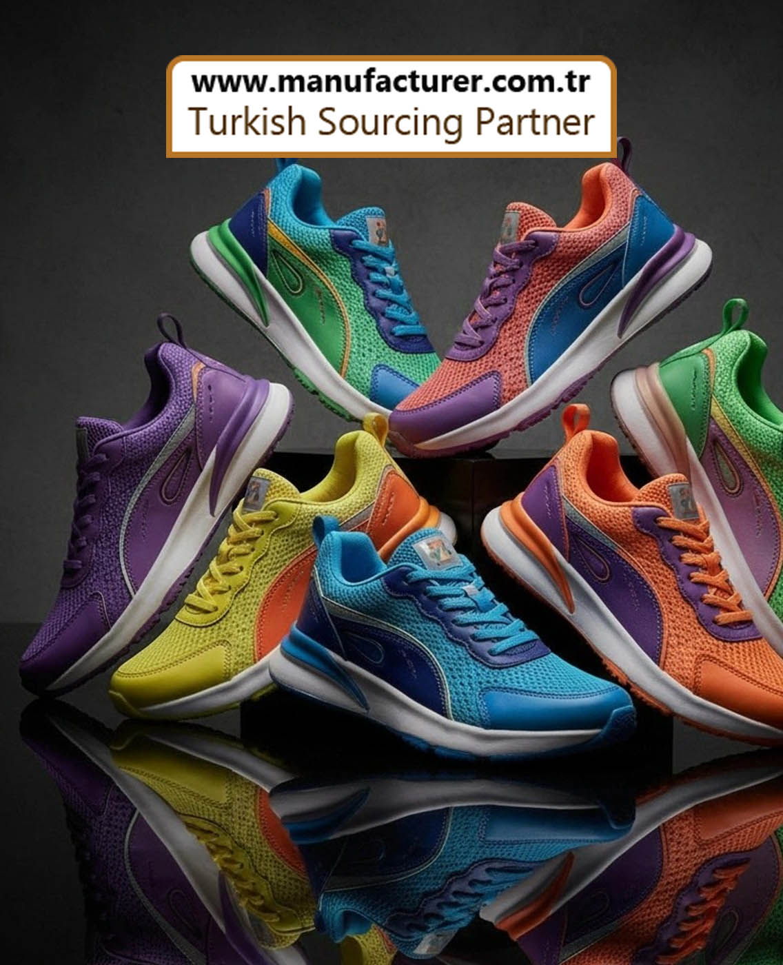 Sports shoes and athletic footwear manufactured in Turkey with robotic production lines, EVA foam technology, and vegan leather materials
